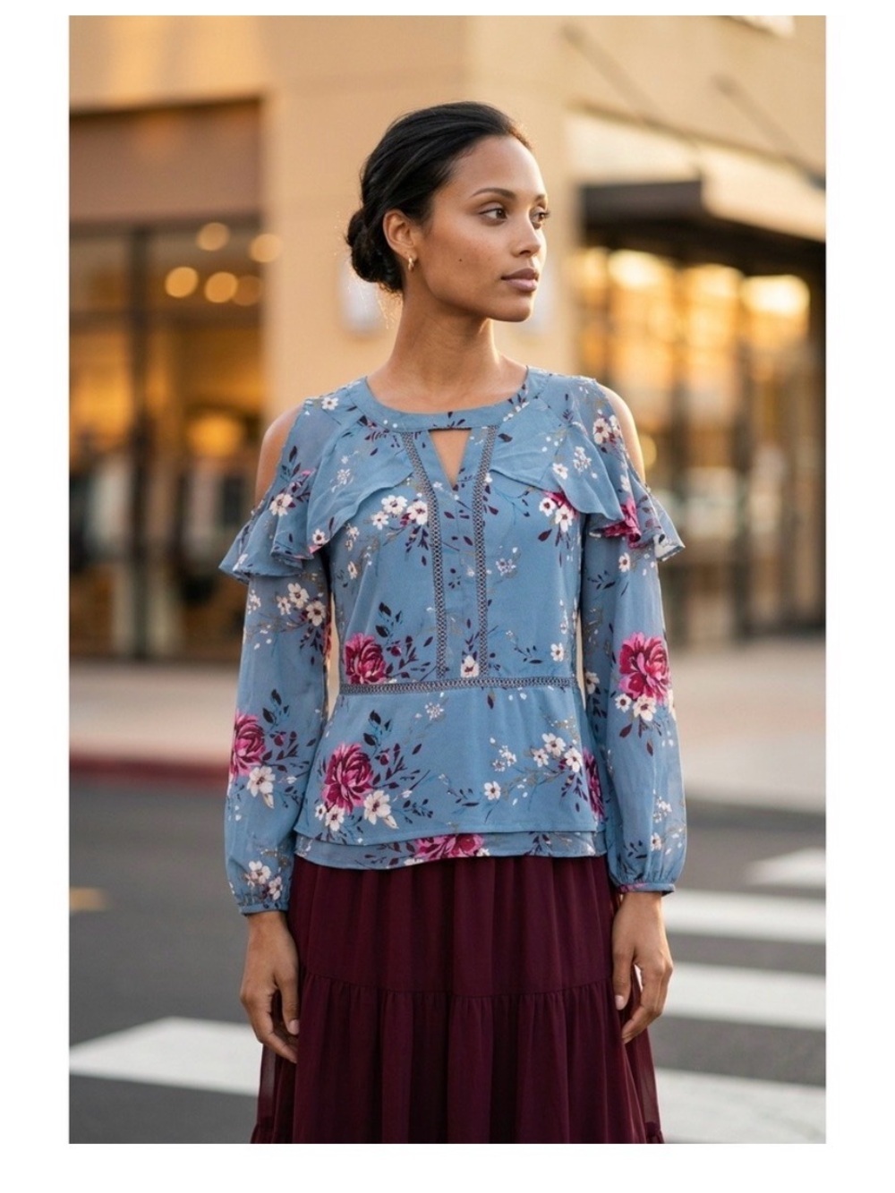 White House Black Market Blue Floral  boho Ruffle Blouse